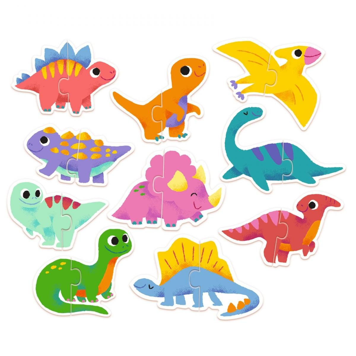 Neun bunte Cartoon-Dinosaurier-zweiteilige Puzzles sind auf weißem Hintergrund angeordnet.