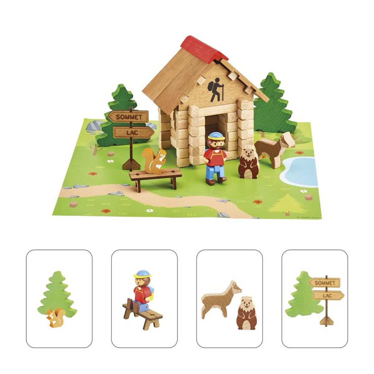 Holzspielset mit Hütte, Wanderer, Tieren, Schildern und Karten mit passenden Motiven.