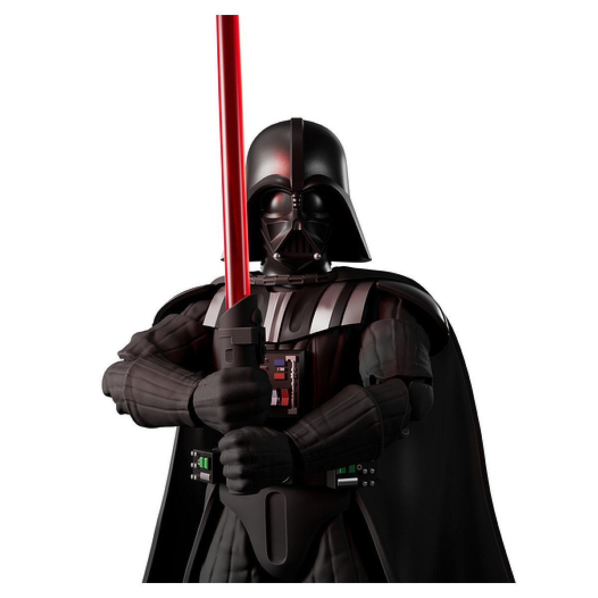 Darth Vader in schwarzer Rüstung hält aufrecht ein glühend rotes Laserschwert auf weißem Hintergrund.