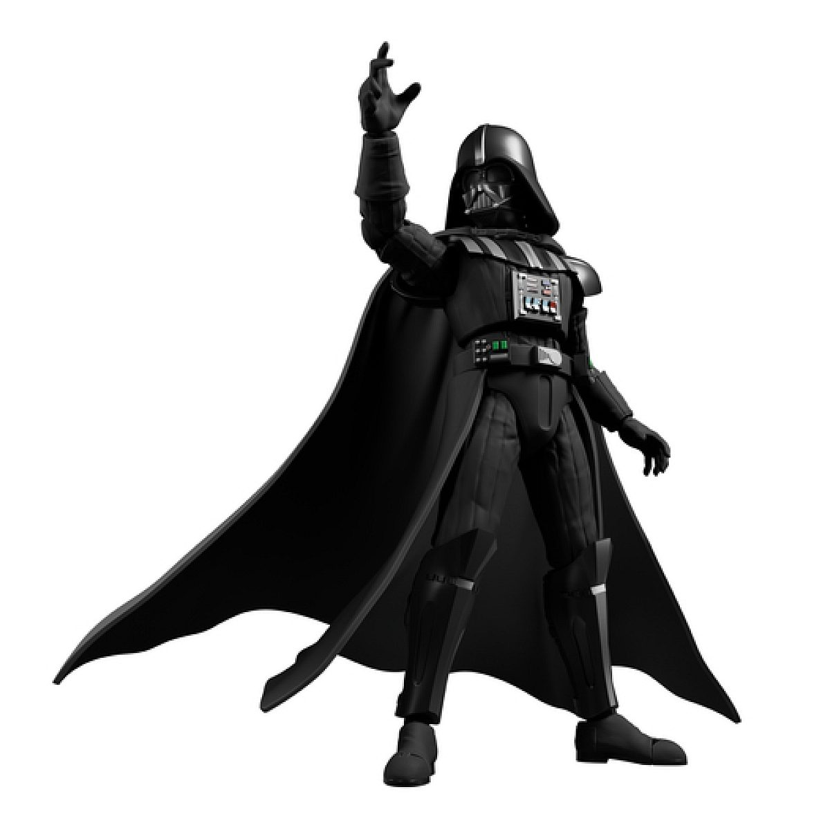 Darth Vader in schwarzer Rüstung mit Umhang streckt eine Hand aus.