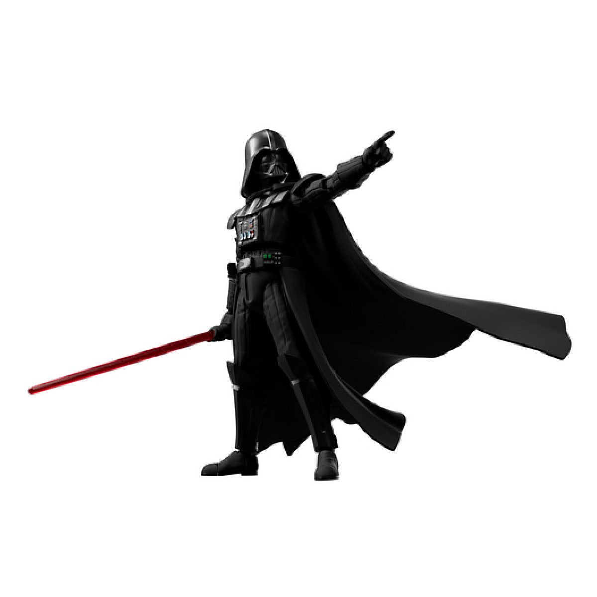 Darth Vader in schwarzer Rüstung mit Umhang und einem roten Lichtschwert deutet nach vorne.