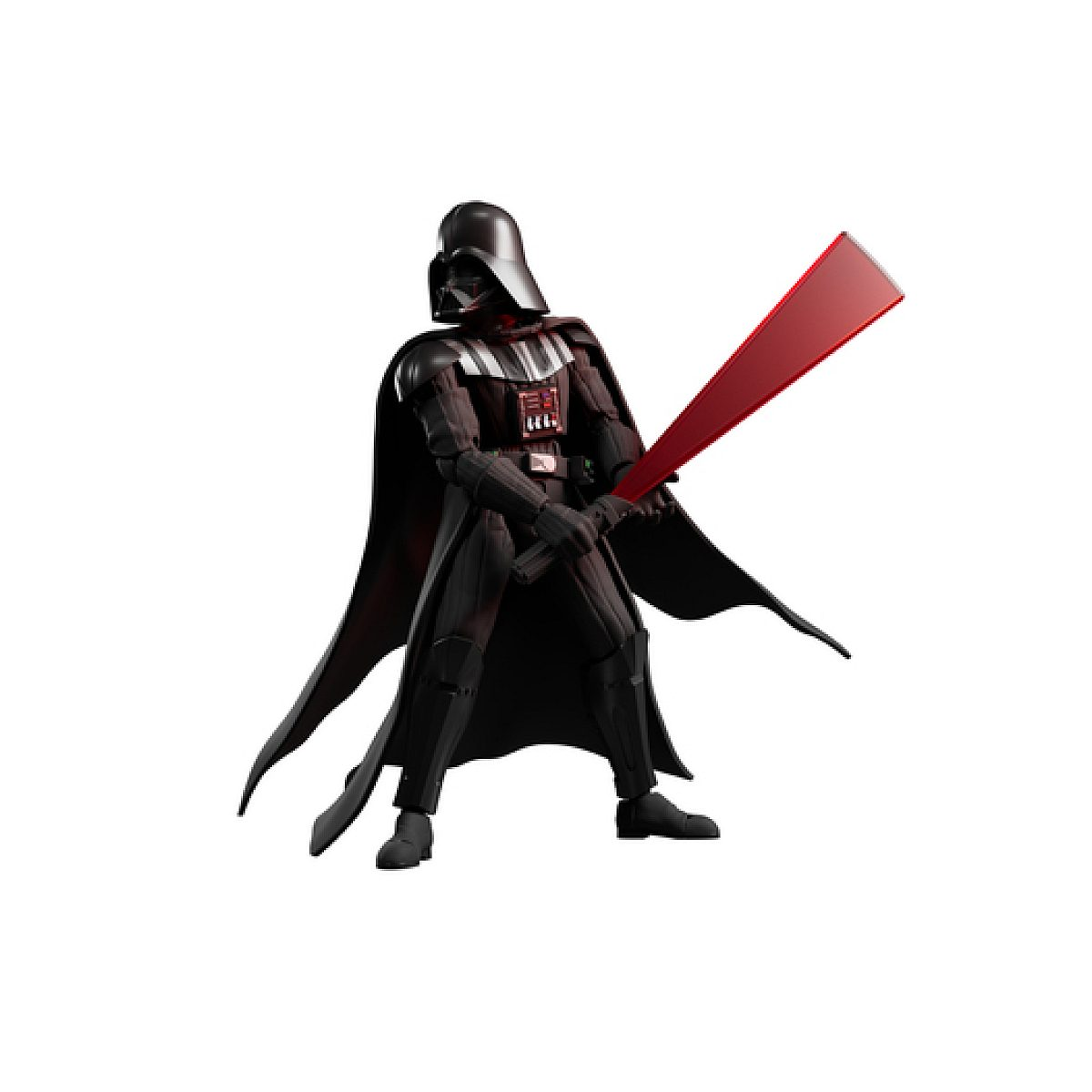 Darth Vader in schwarzer Rüstung und Umhang hält ein leuchtend rotes Lichtschwert vor weißem Hintergrund.