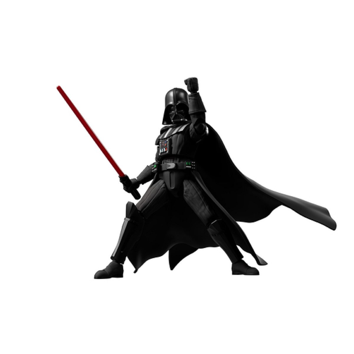 Darth Vader Actionfigur in schwarzer Rüstung mit einem leuchtend roten Lichtschwert.
