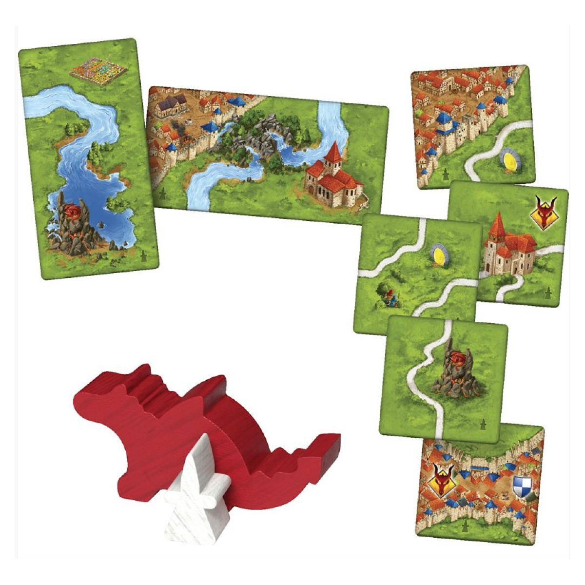 Verschiedene Carcassonne-Spielkacheln und eine rote Drachenfigur aus Holz mit einem weißen Meeple.