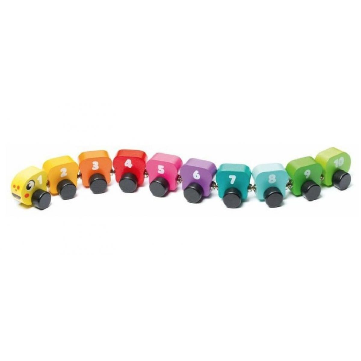 Buntes Holzzug-Spielzeug als Raupe mit nummerierten Waggons von 1 bis 10 auf weißem Hintergrund.