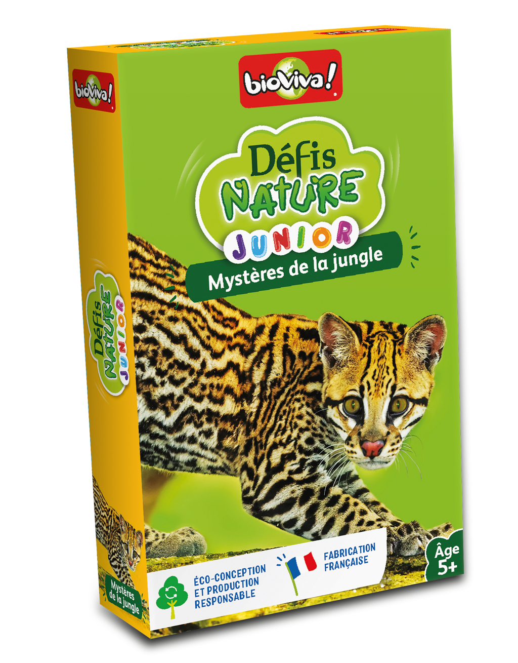 BioViva Kartenspiel-Schachtel Defis Nature Junior mit Ozelot-Bild.