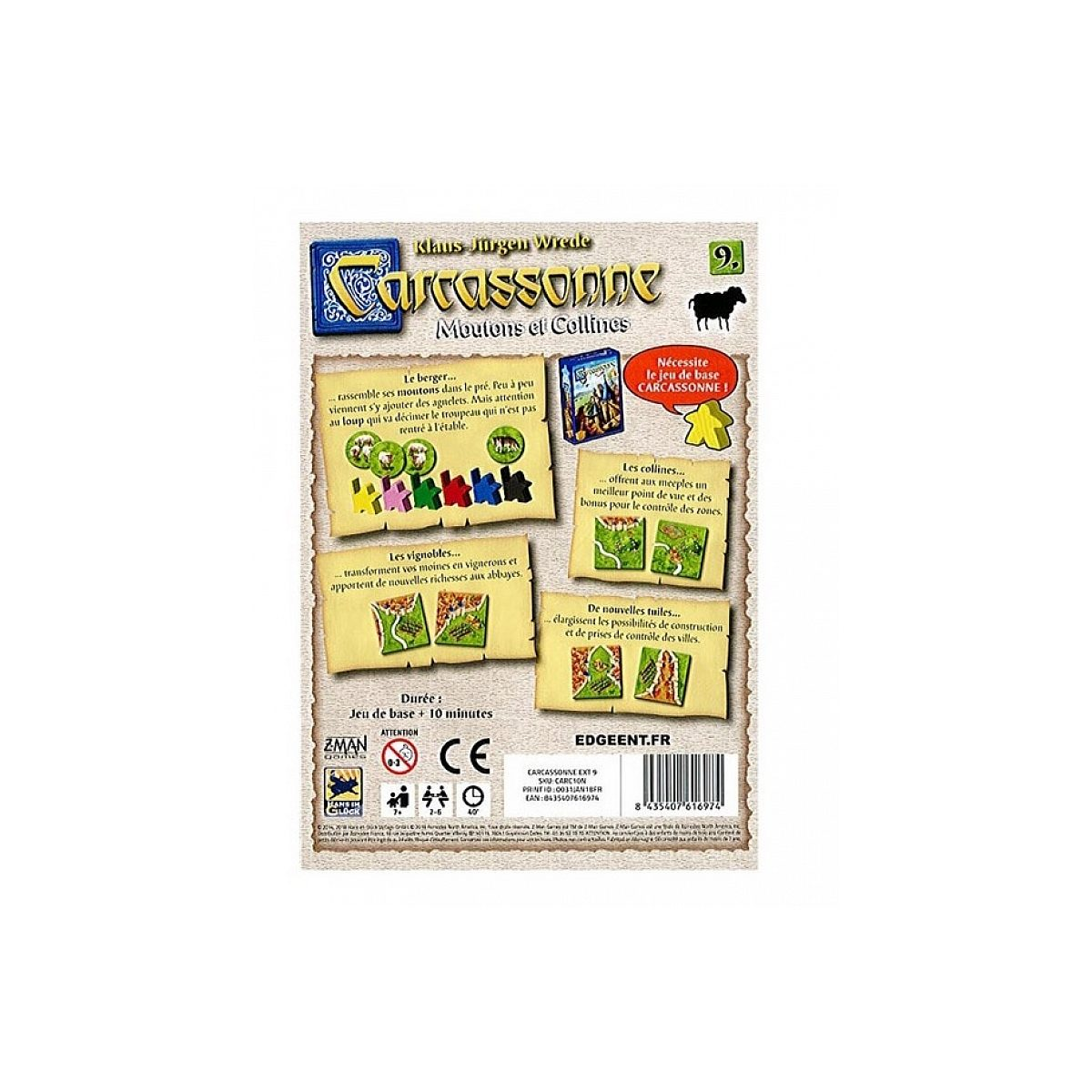 Rückseite der Carcassonne-Spielschachtel mit Erweiterungsteilen, Regeln und Spieldetails auf Französisch.
