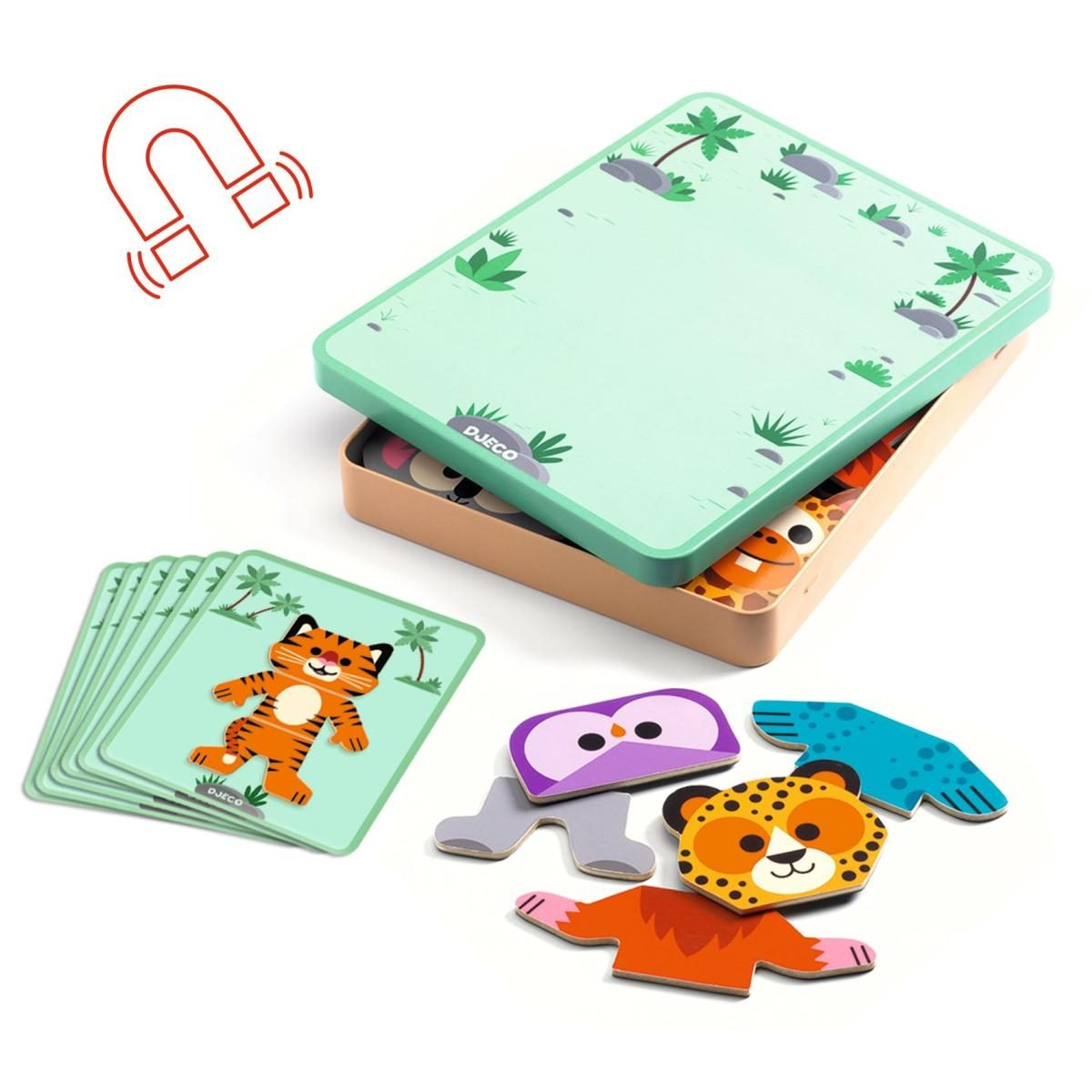 Ein Magnetpuzzleset mit Tierkarten, Holzteilen und einer grünen Blechdose auf weißem Hintergrund.