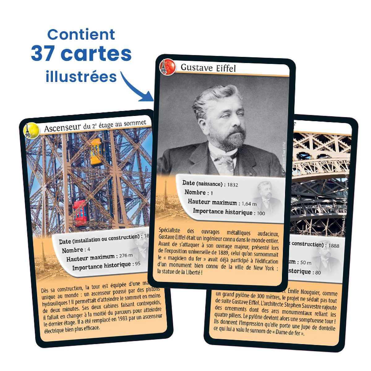 Drei illustrierte Spielkarten mit Gustave Eiffel, der Eiffelturm-Aufzugsanlage und Text auf Französisch.