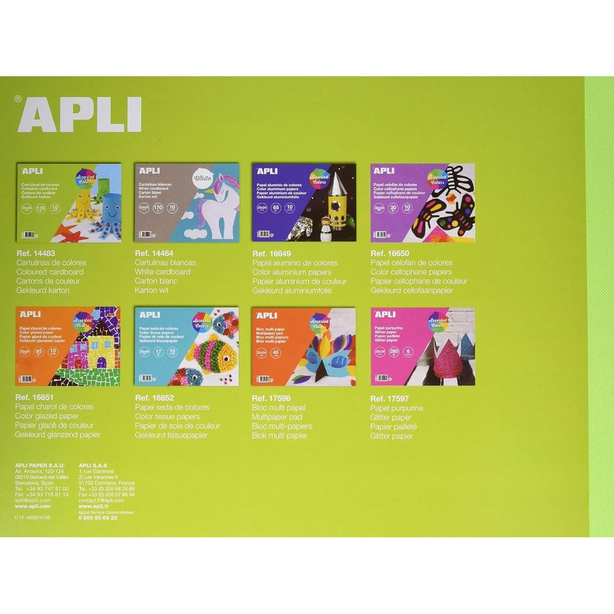 Grüner Apli-Katalog mit Produktbildern von buntem Bastelpapier und Karton.
