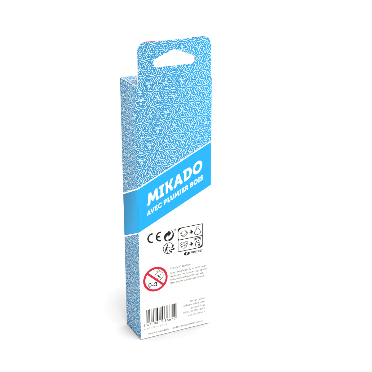 Blaue Mikado-Holzetui-Verpackung mit Mustern und Produktinformationen auf weißem Hintergrund.