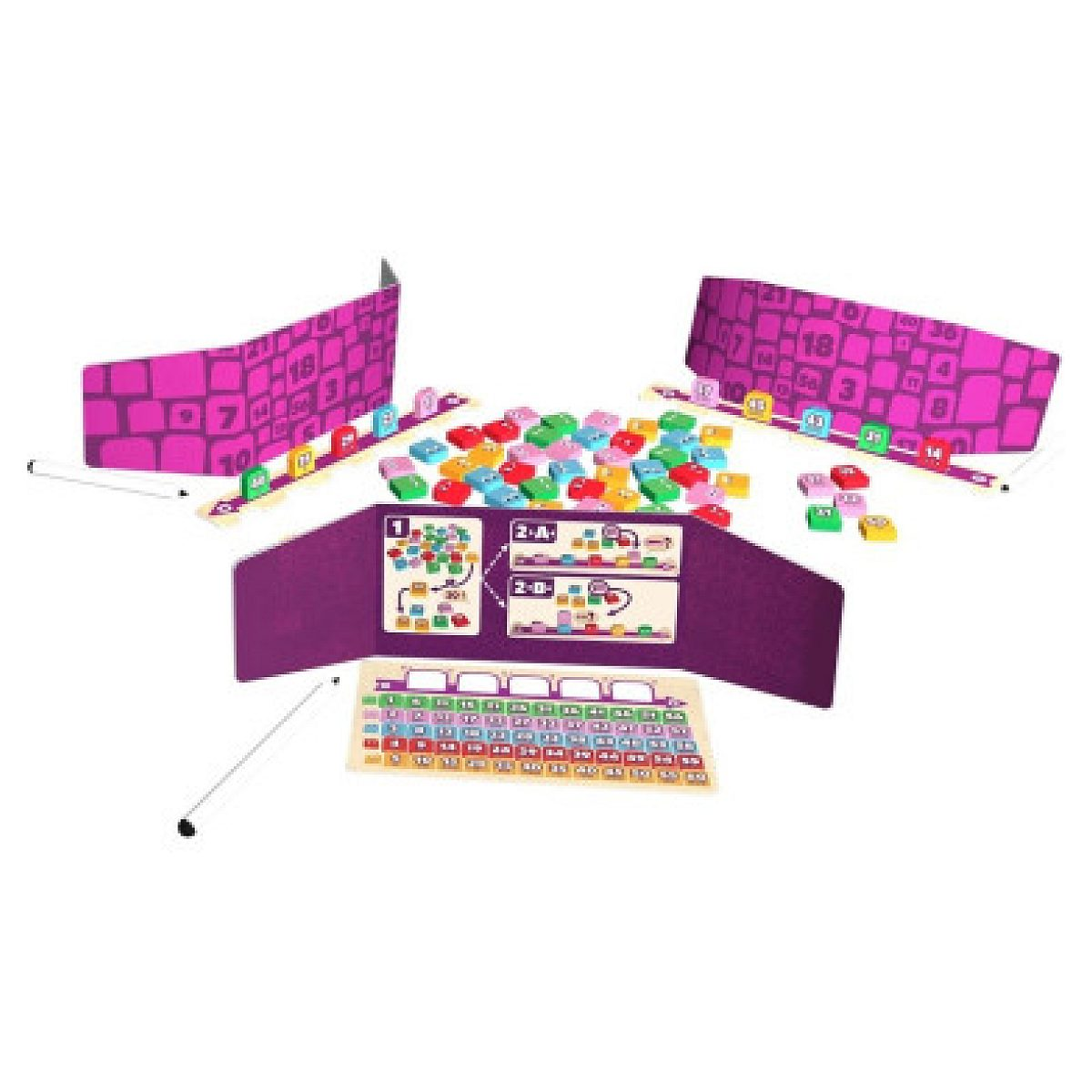 Ein Kinderspiel mit bunten nummerierten Blöcken, violetten Bildschirmen und einem nummerierten Brett auf weißem Hintergrund.