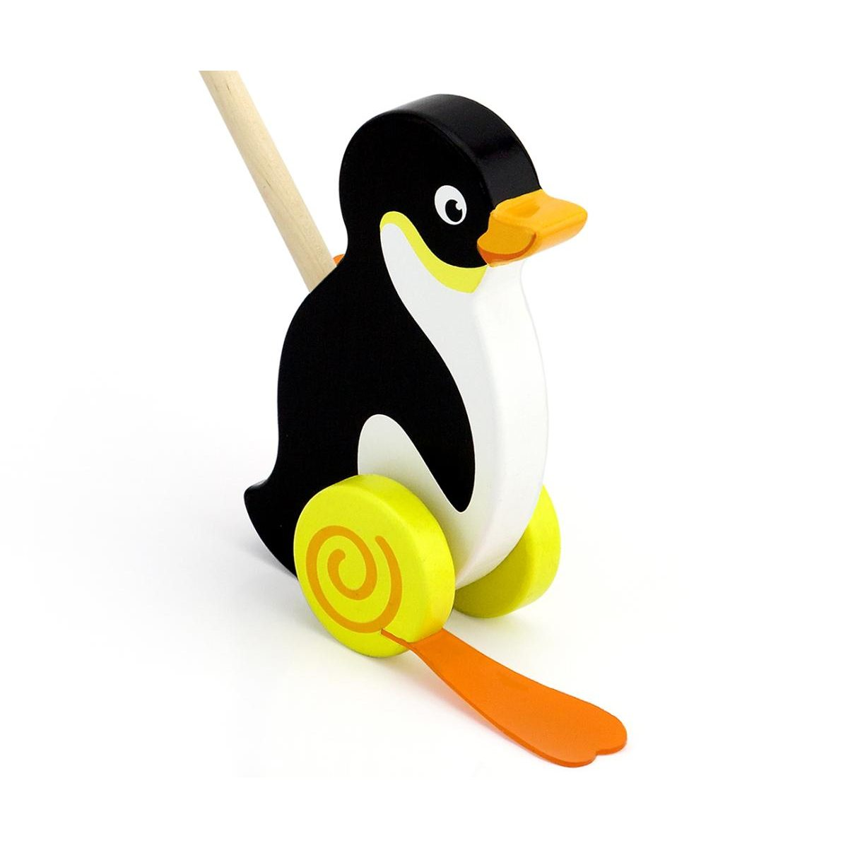 Ein hölzernes Pinguin-Schiebespielzeug mit gelben Rädern, einem orangefarbenen Schnabel und einem langen Holzstab.