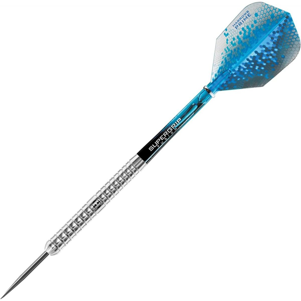Ein blauer Dartpfeil mit silbernem Metallbarrel und gemustertem Blue-Hex-Flight auf weißem Hintergrund.