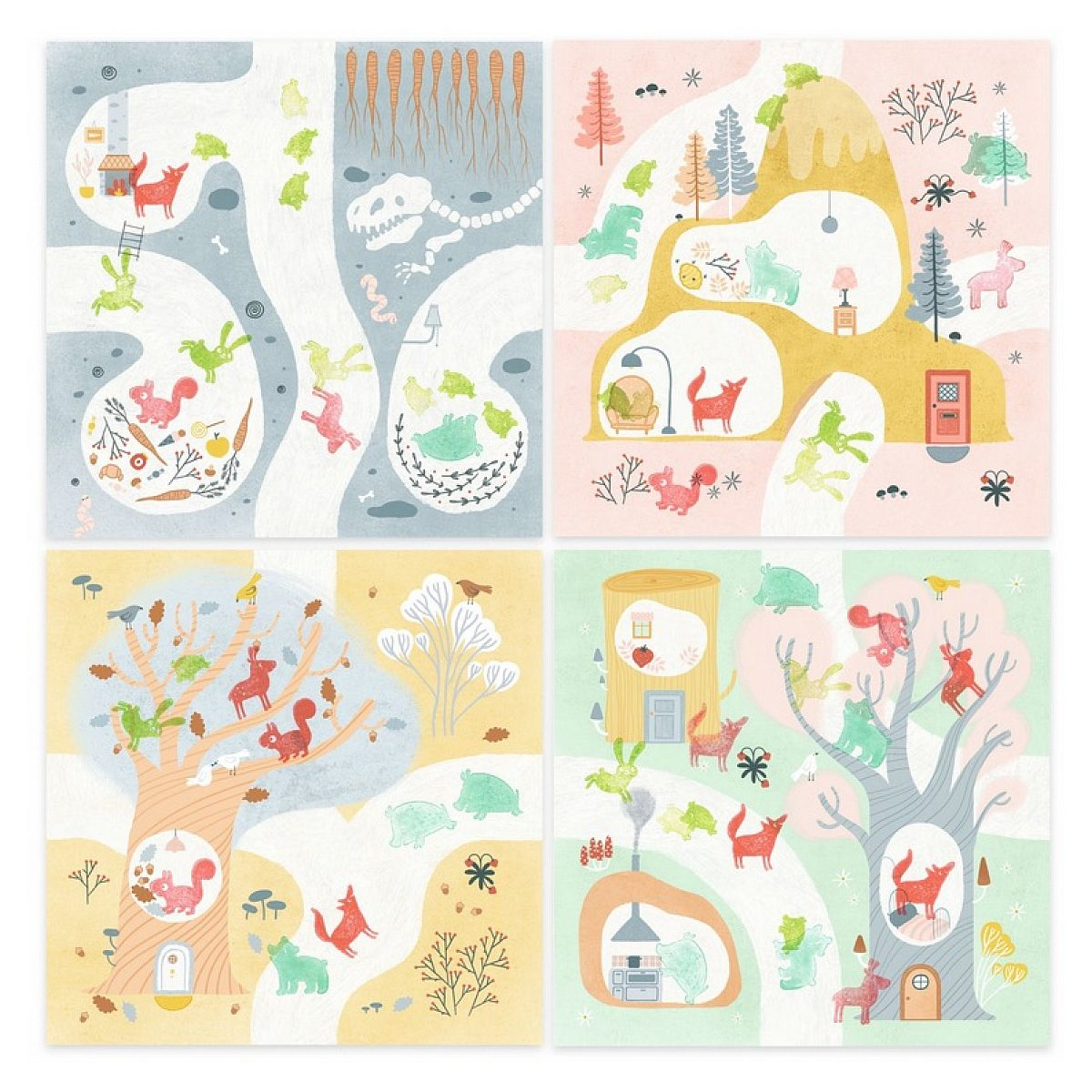 Vier bunte Illustrationen zeigen Tiere wie Füchse, Eichhörnchen und Hasen in fantasievollen Landschaften.