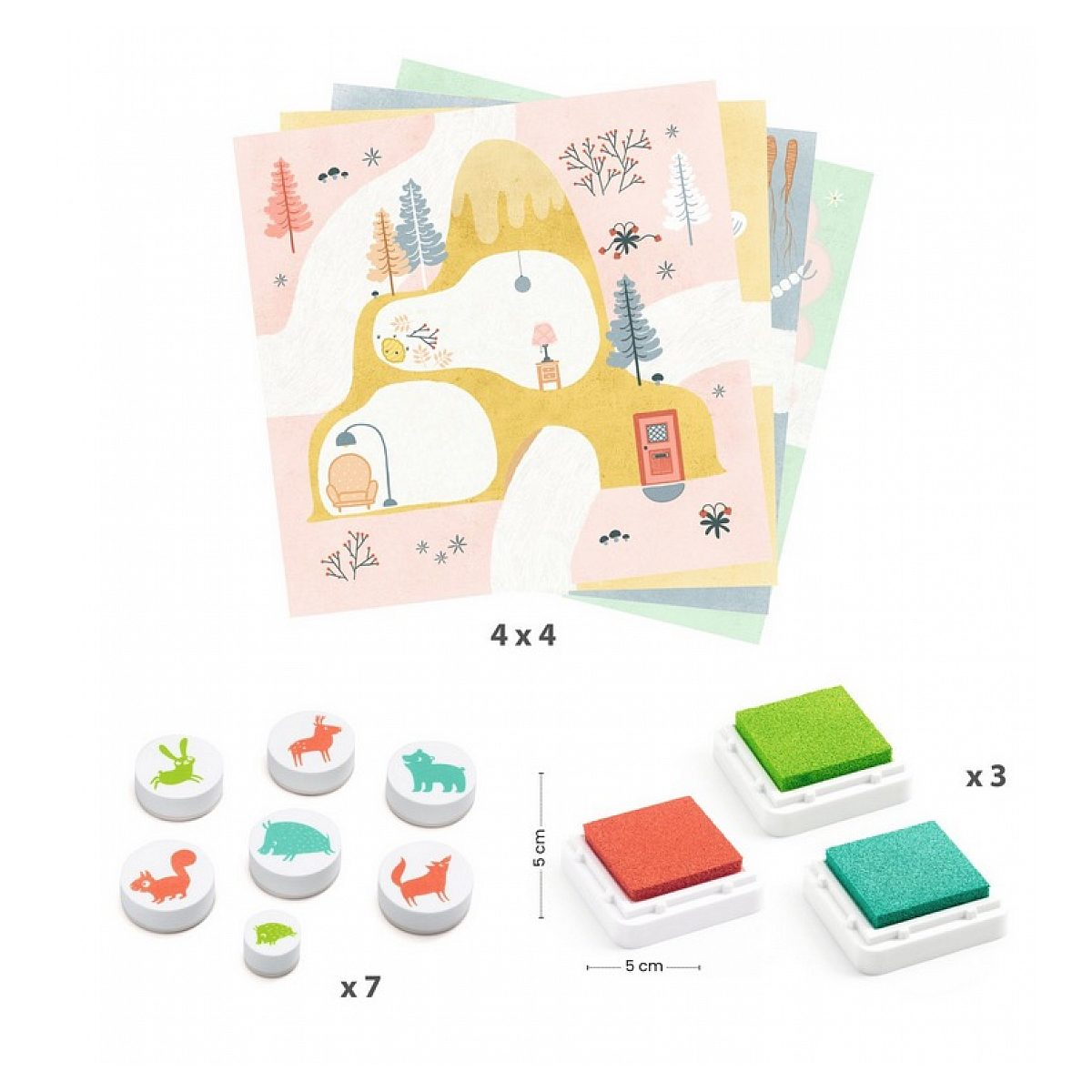 Kinderspielset mit dekorierten Papierbögen, Tierstempeln und drei farbigen Stempelkissen auf weißem Grund.