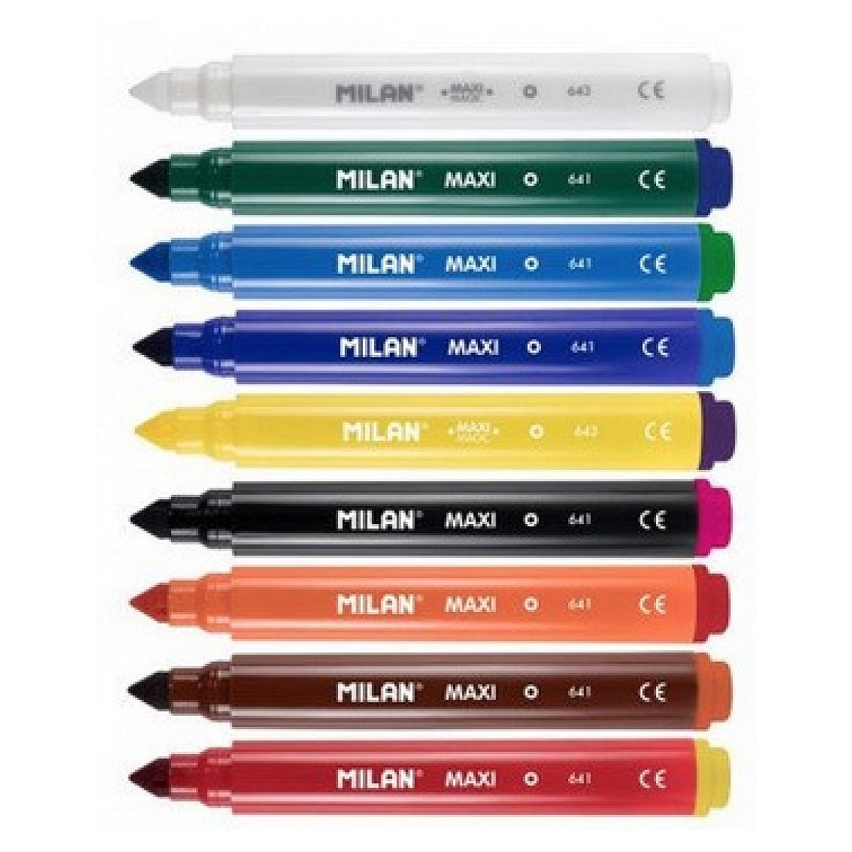 Neun bunte Milan Maxi Marker in verschiedenen Farben auf weißem Hintergrund.