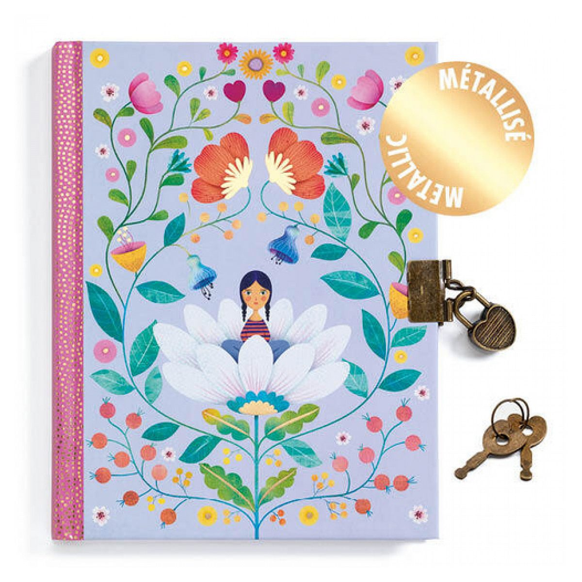 Lilafarbenes Tagebuch mit Schloss, Schlüsseln und Blumenillustrationen, in denen ein Mädchen sitzt.