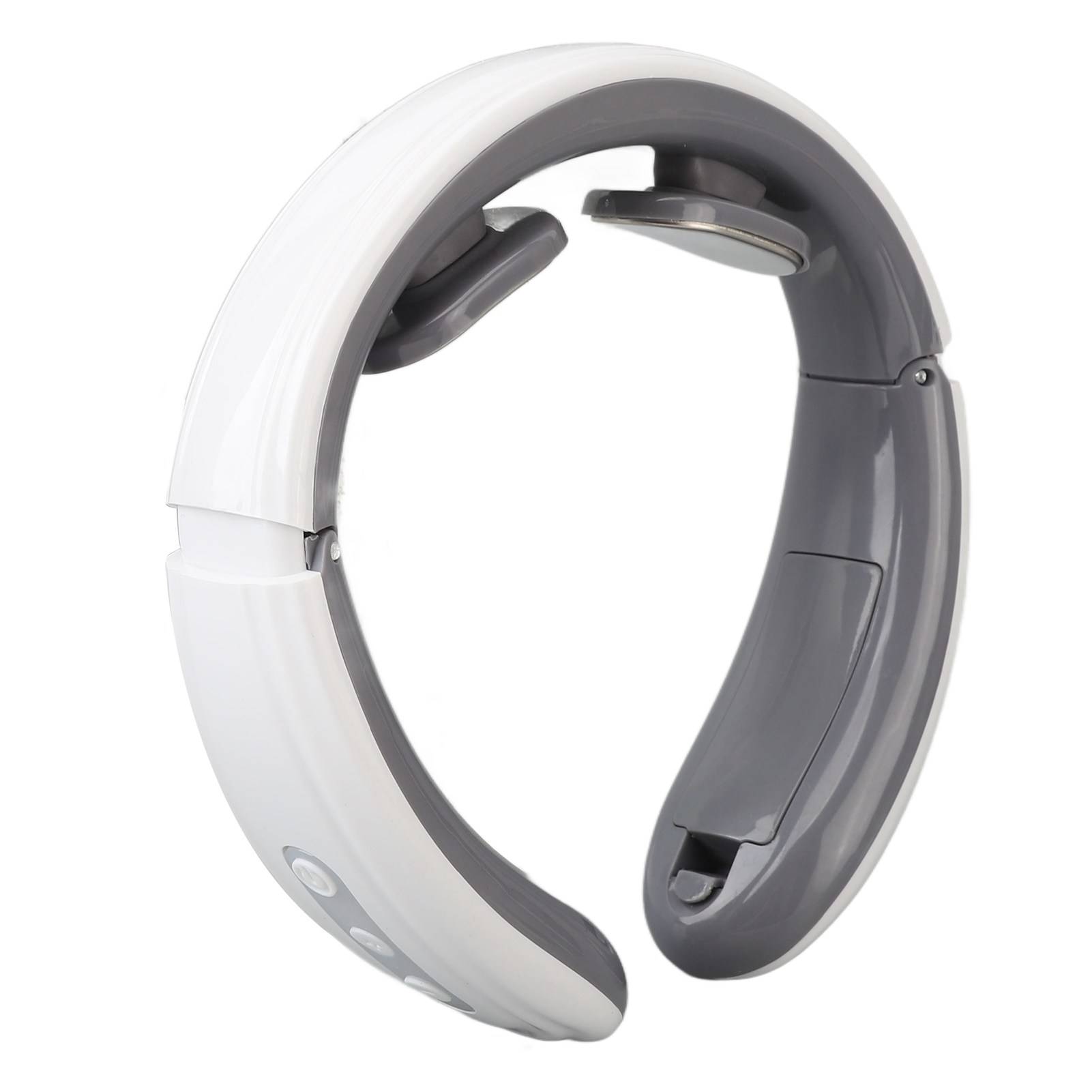 Weiß-grauer U-förmiger Nackenmassager mit zwei Metallkontaktpads vor weißem Hintergrund.