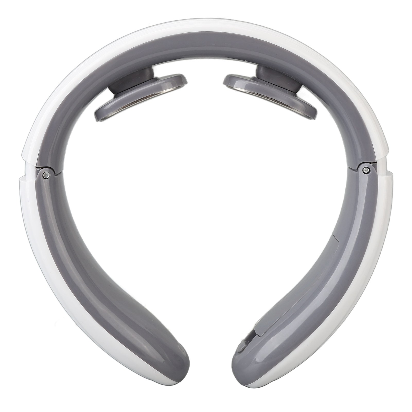 Ein weiß-graues Nackenmassagegerät mit zwei Metallkontakten, freigestellt auf weißem Hintergrund.