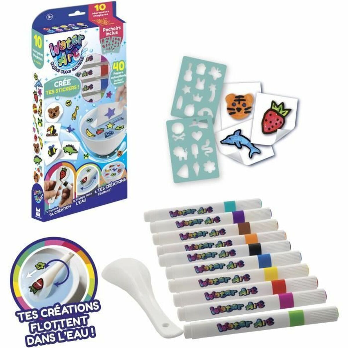 Water Art Set mit bunten Stiften, Schablonen und Stickern, die im Wasser schwimmen.