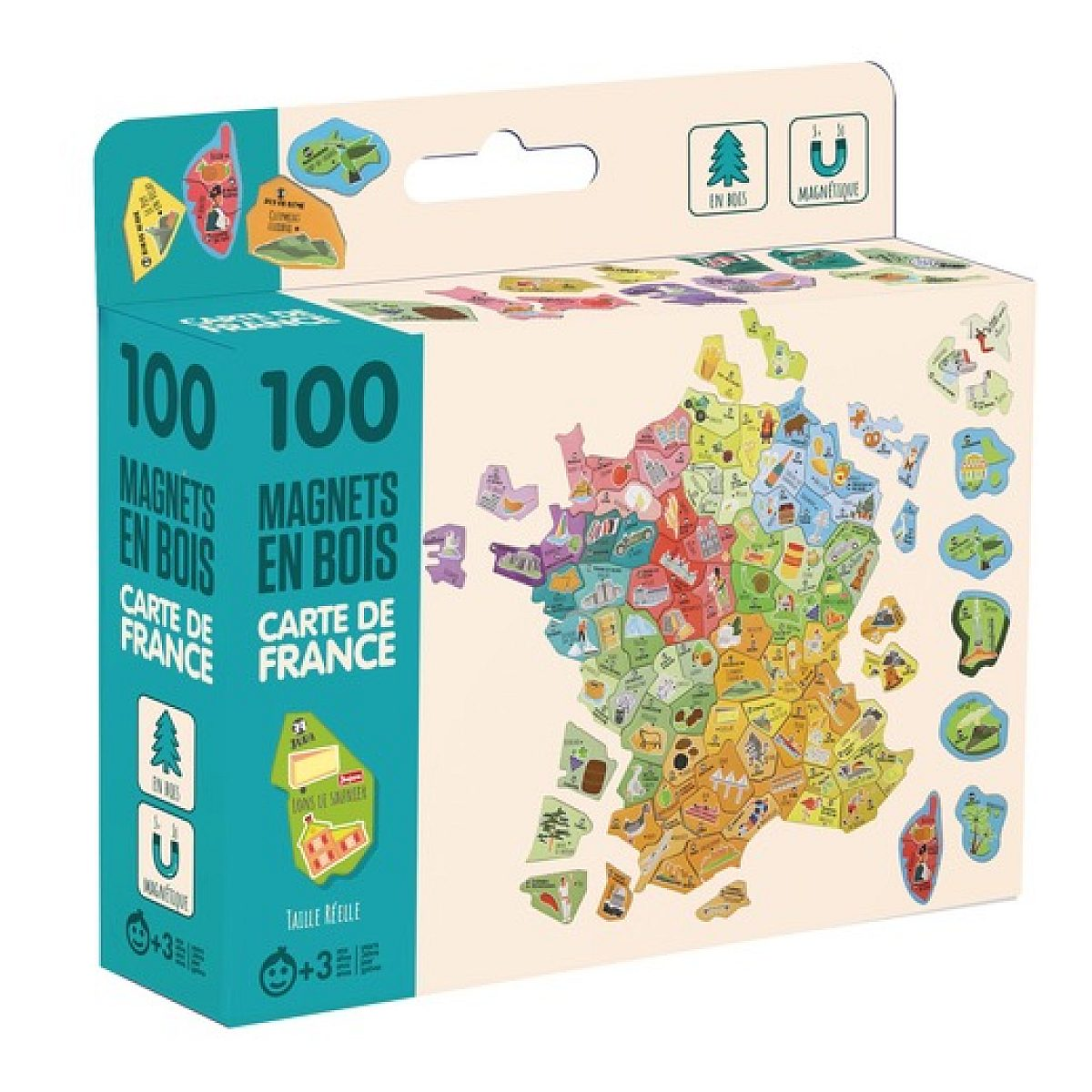 Eine bunte Holz-Magnetkarte von Frankreich als Lernspiel, verpackt in einem Karton.