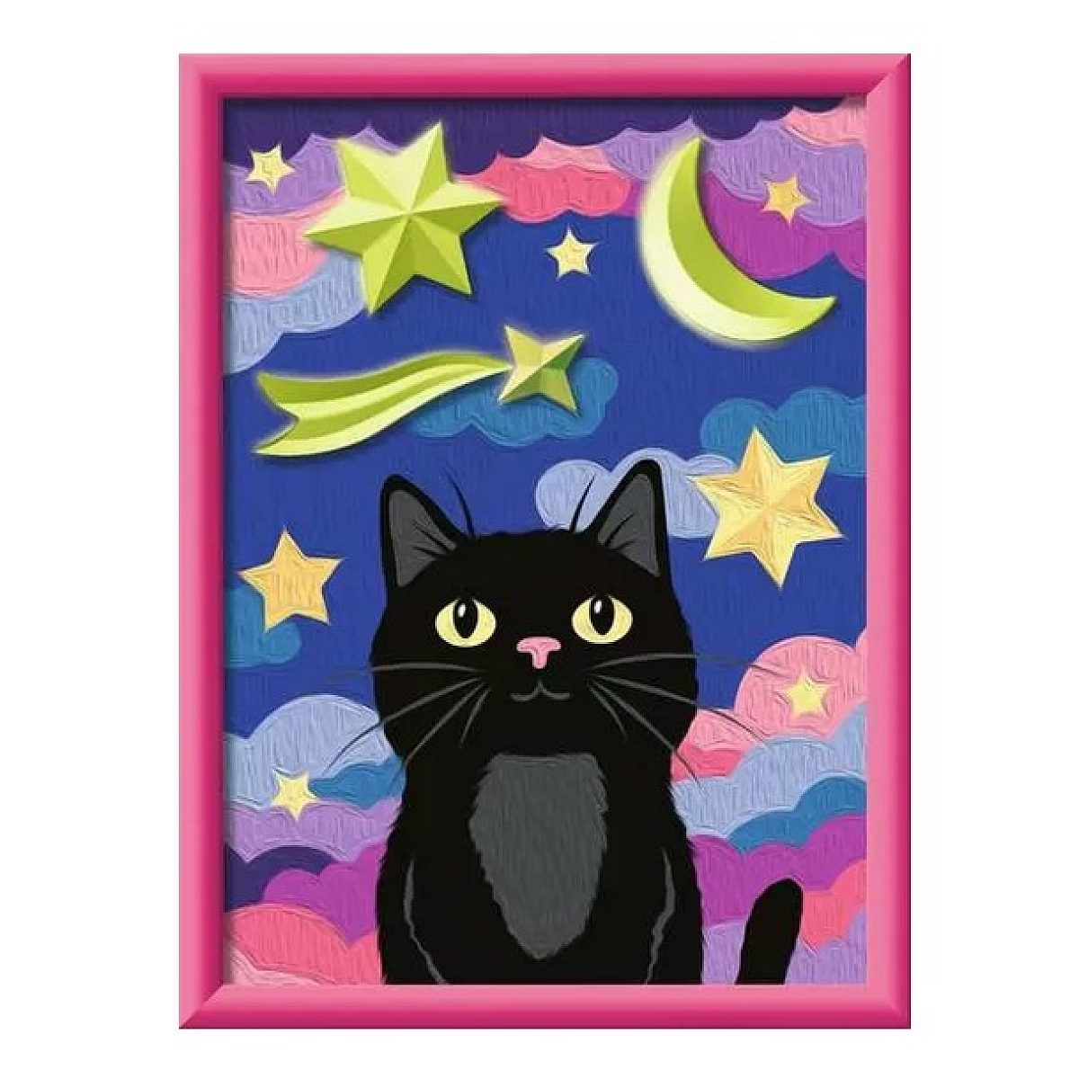 Ein gerahmtes Bild einer schwarzen Katze vor blauem Nachthimmel mit bunten Wolken, Sternen und Mond.