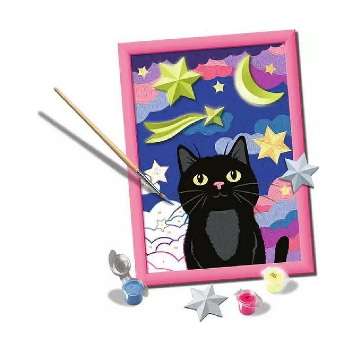 Ein Malen-nach-Zahlen-Set mit schwarzer Katze im rosa Rahmen vor Nachthimmel mit Sternen und Farbtöpfen.
