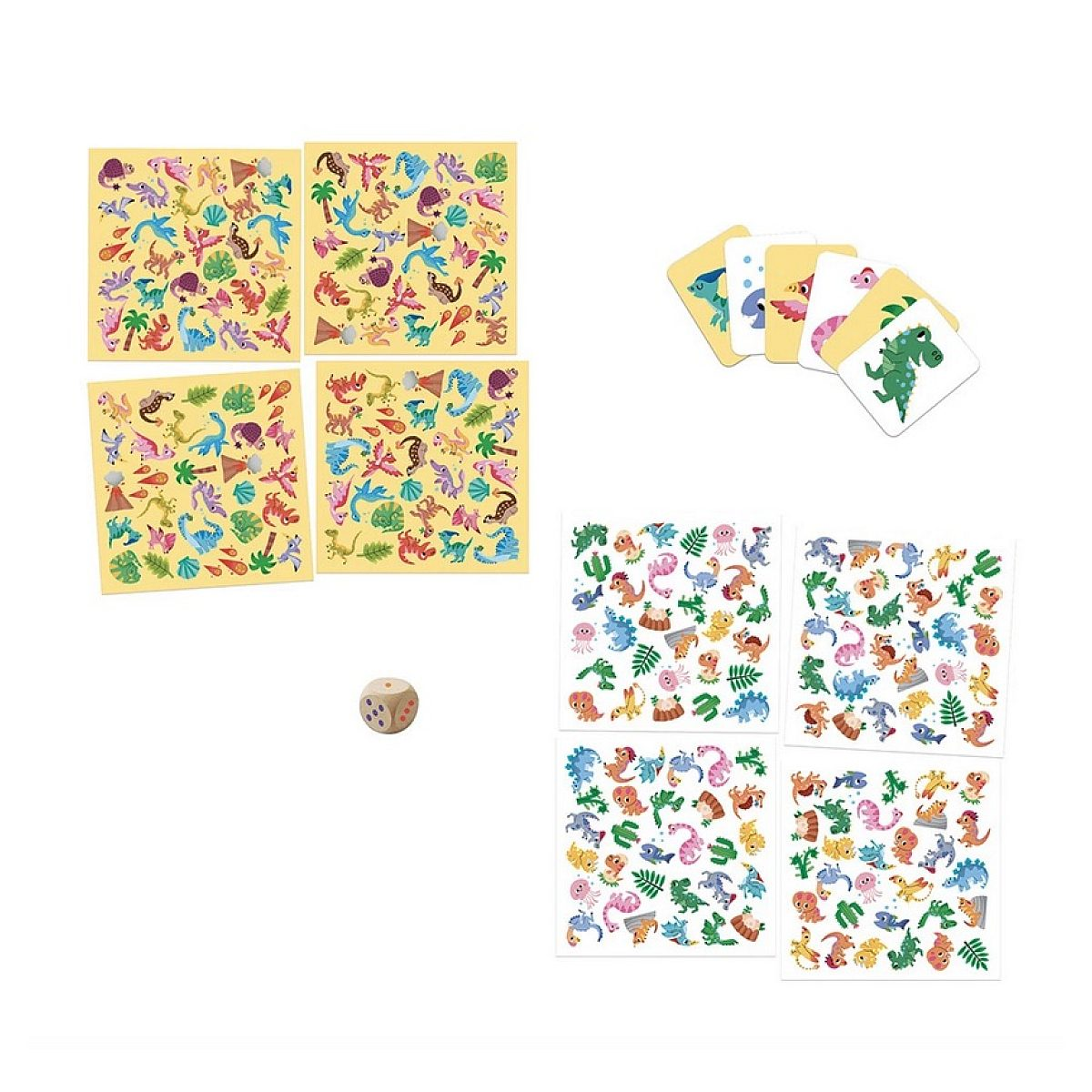 Ein Brettspiel-Set mit Aufklebern, farbigen Dinosaurierkarten und einem Holzwürfel auf weißem Hintergrund.