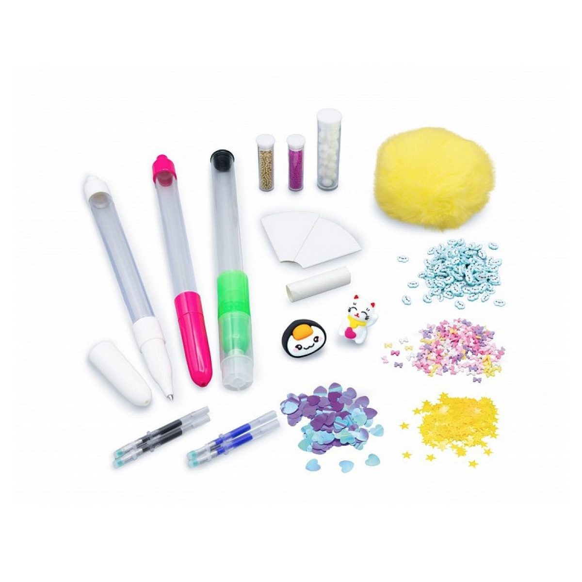 Bastelset mit transparenten Stiften, Glitzerfläschchen, kleinen Figuren, Konfetti und einem gelben Plüschball.