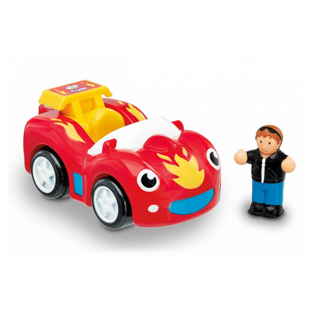 Ein rotes Spielzeugauto mit Gesichtsmerkmalen und Flammenmuster steht neben einer kleinen Spielfigur.