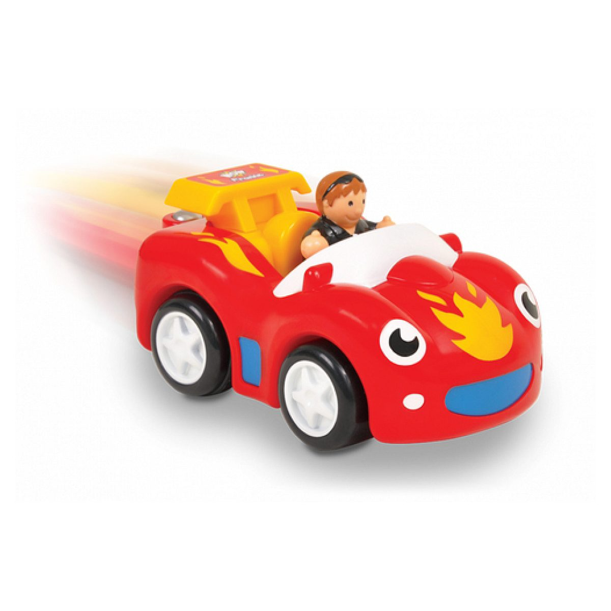 Ein rotes Spielzeug-Rennauto mit gelben Flammen, großen Augen und einer kleinen Figur am Steuer.