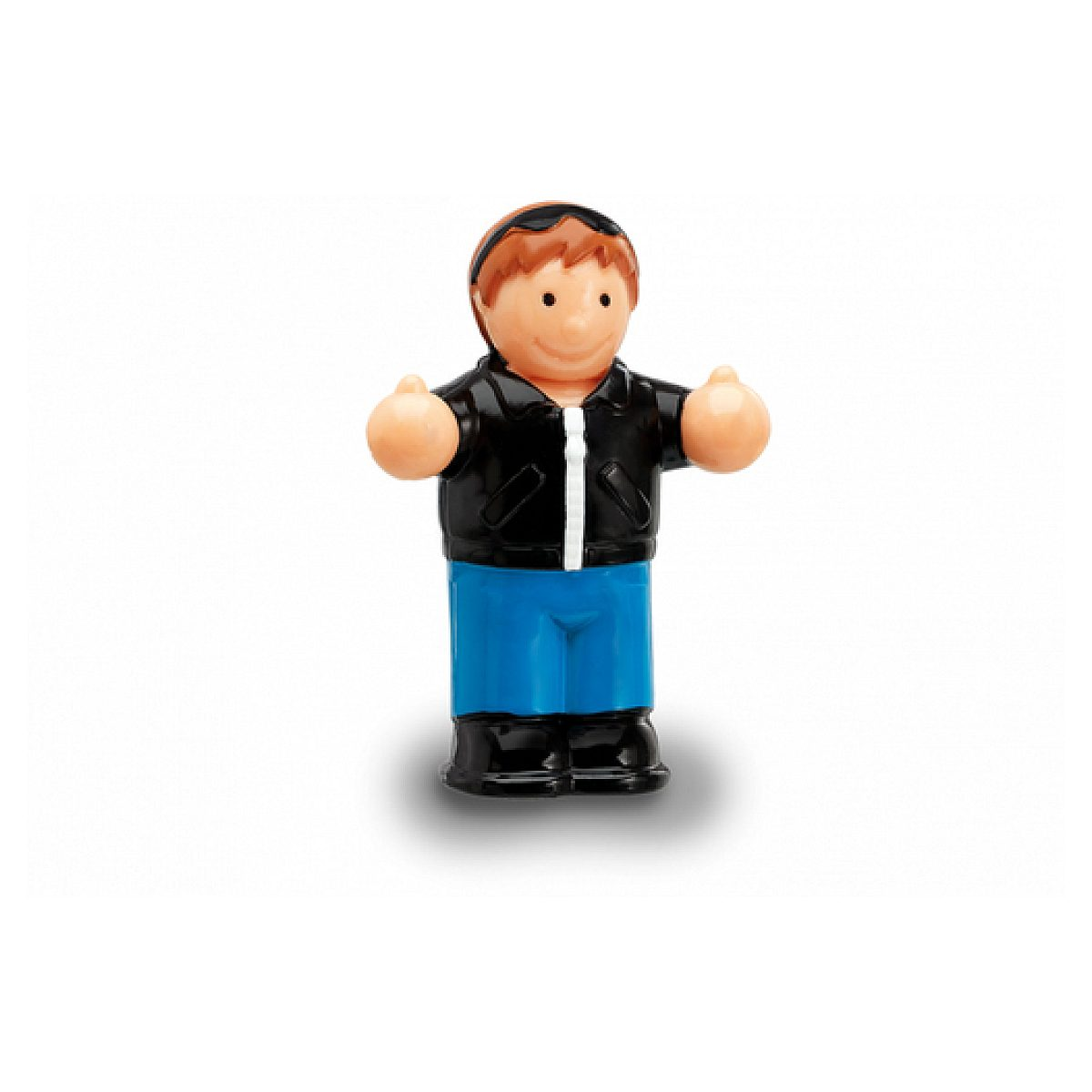 Eine kleine Kunststoff-Figur eines Mannes mit schwarzer Jacke, blauen Hosen und Brille auf dem braunen Haar.