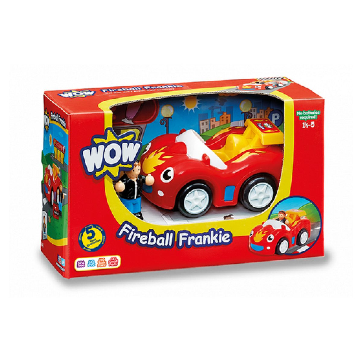 Eine rote Spielzeugauto-Verpackung namens Fireball Frankie mit einem kleinen Auto und einer Figur.