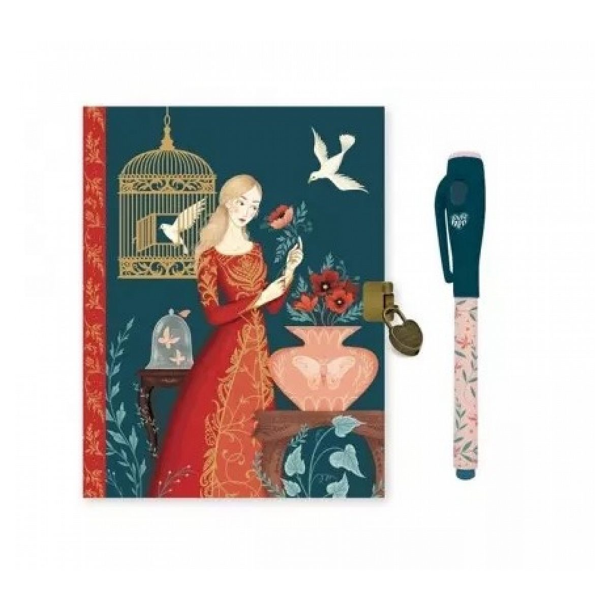 Ein blaues Tagebuch mit Schloss, illustriert mit einer Frau in rotem Kleid, und ein passender Stift.