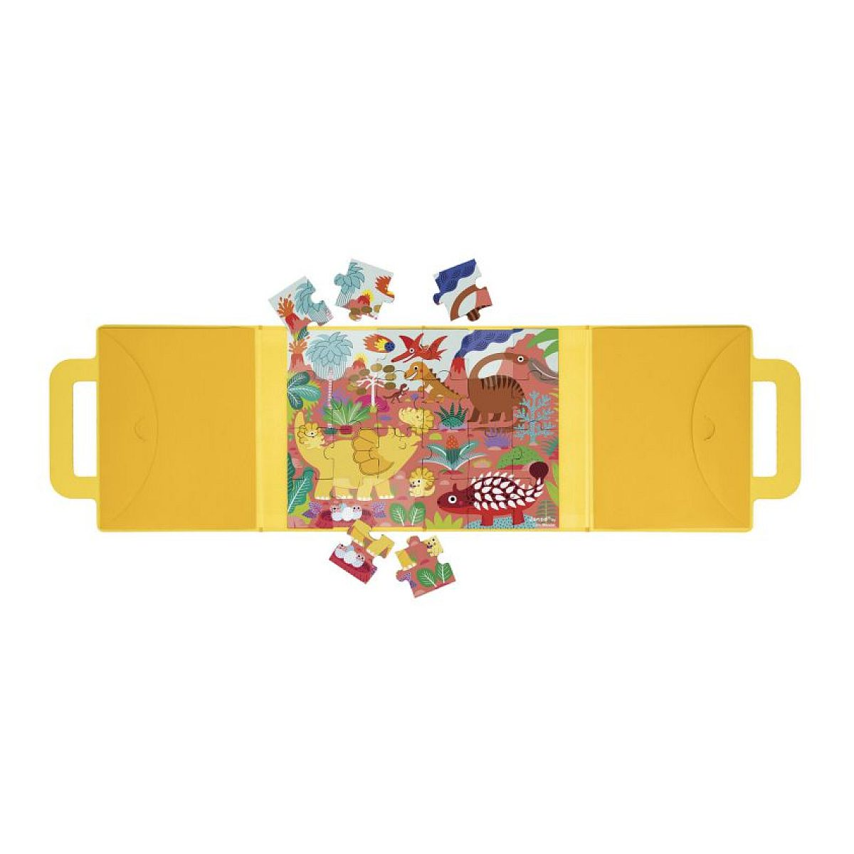 Ein gelber Spielkoffer mit Griffen zeigt ein buntes Dinosaurier-Puzzle und Puzzleteile drumherum.