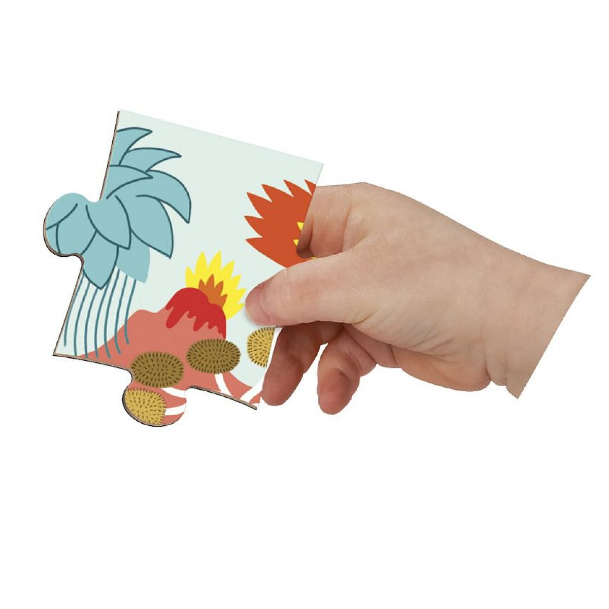 Eine Hand hält ein Puzzleteil mit einer bunten prähistorischen Landschaft.