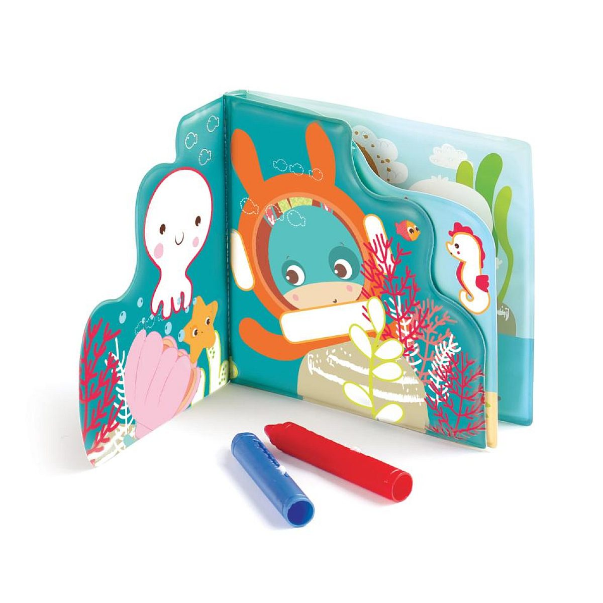 Ein offenes Plastikbuchtbuch mit Meerestieren zeigt einen Oktopus und Seepferdchen, mit zwei Stiften davor.