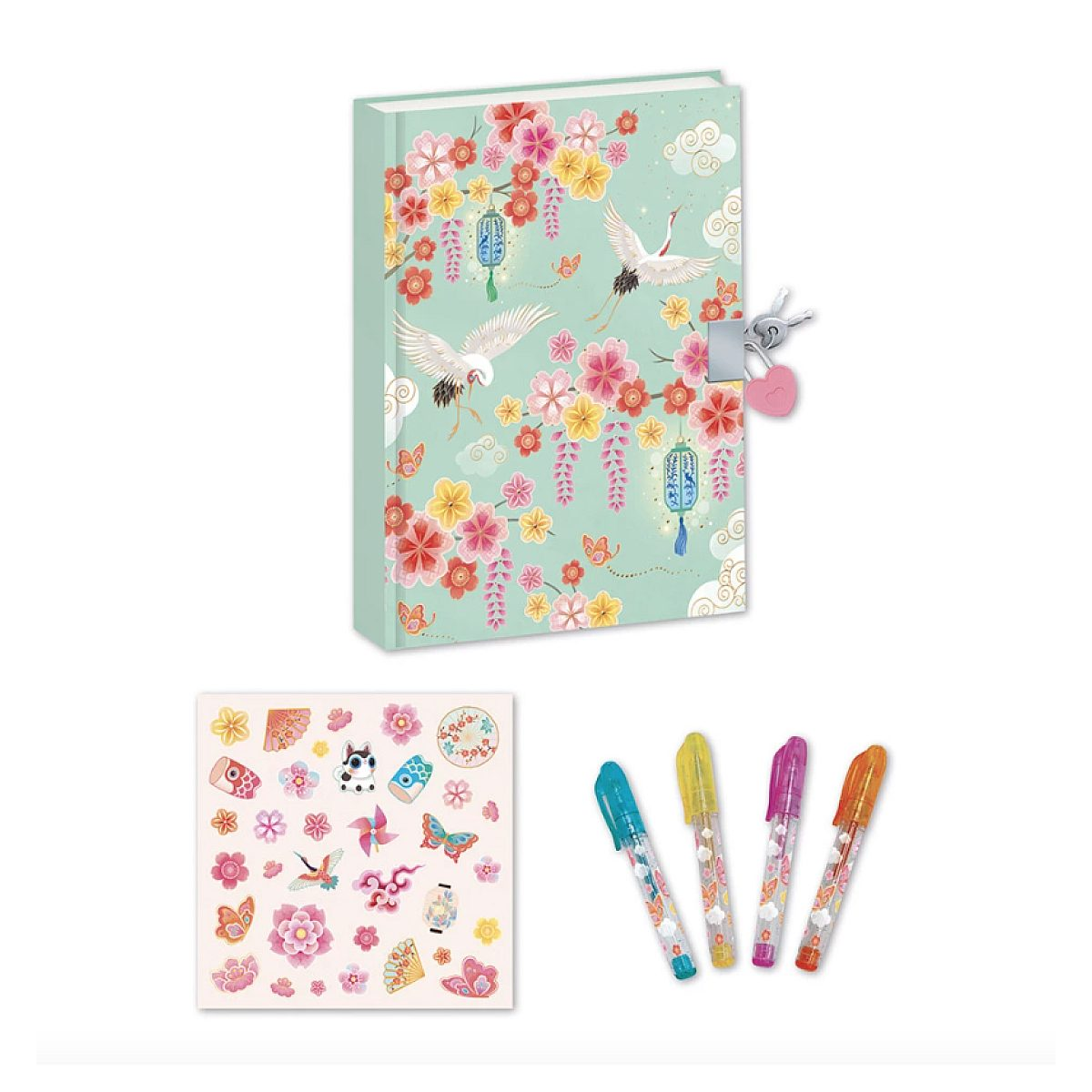 Mintgrünes Tagebuch mit Schloss, Blumen und Kranichen, dazu eine Stickerbogen und vier bunte Stifte.