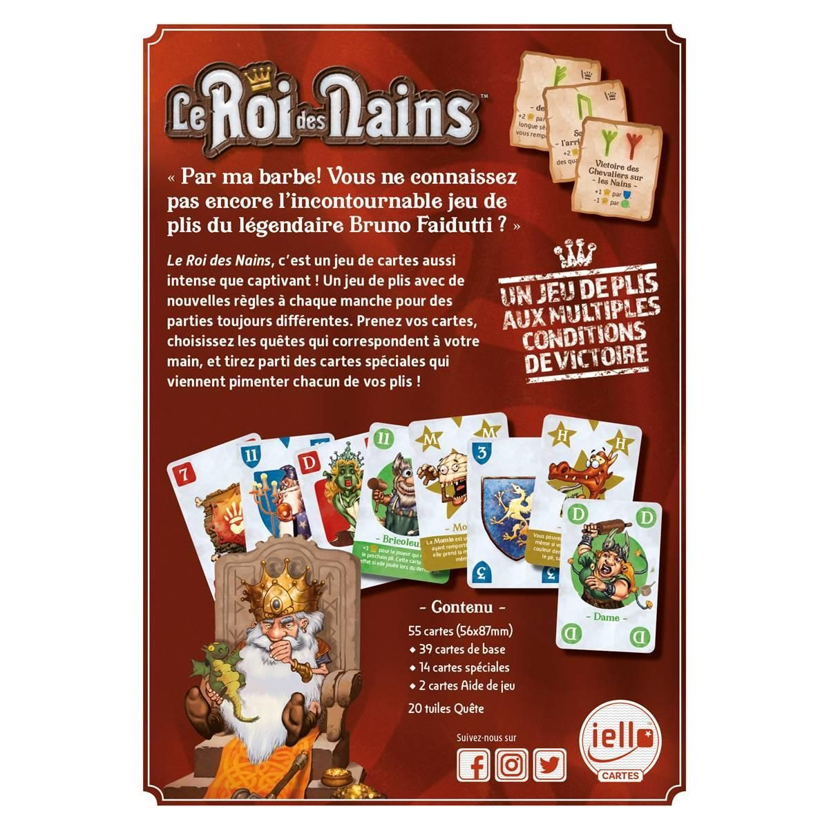 Werbeplakat für das Kartenspiel Le Roi des Nains mit Spielkarten und Text auf rotem Hintergrund.