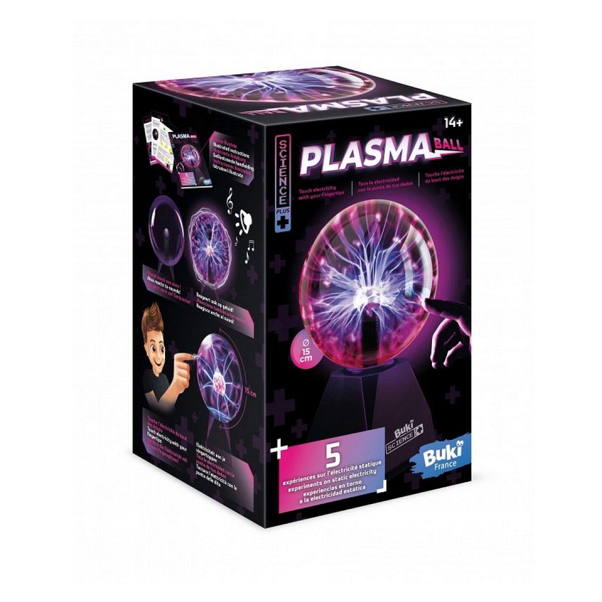 Verpackung der Buki Science Plasma Ball mit leuchtenden violetten Blitzen und Produktinformationen.