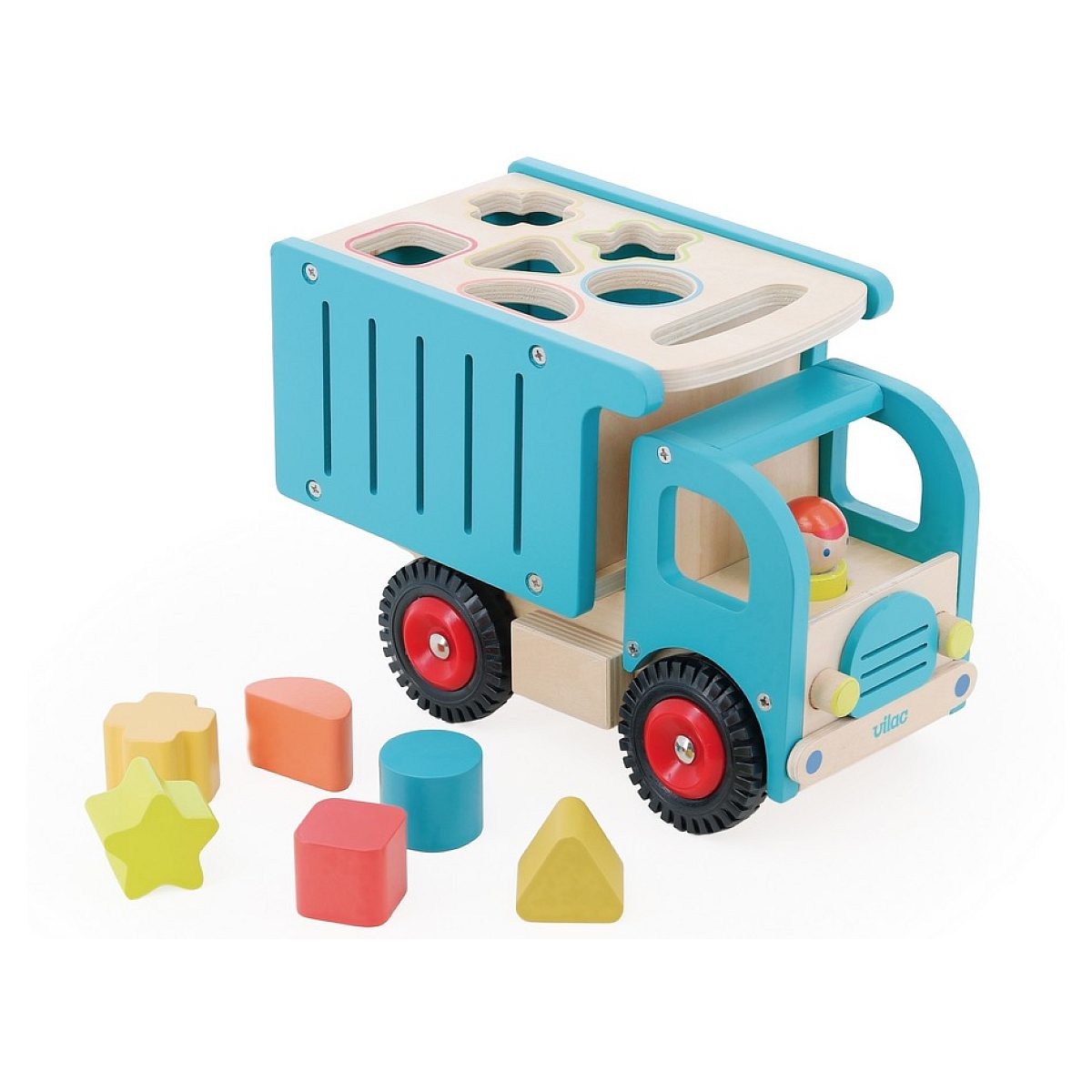 Ein blauer hölzerner Spielzeuglaster mit bunten Formsortiersteinen davor.