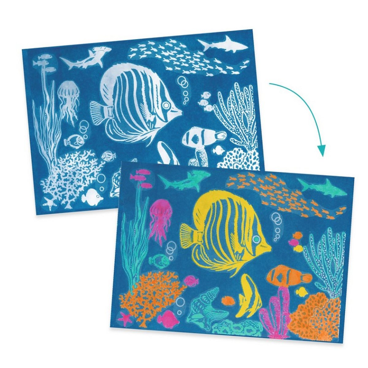Zwei Unterwasserbilder mit Fischen, Korallen und Quallen auf blauem Grund, eins davon bunt bemalt.