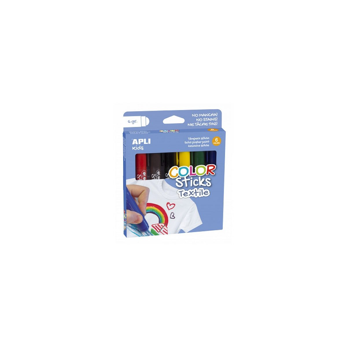 Blaue Verpackung von Apli Kids Color Sticks Textile mit sechs farbigen Stiften zum Textilbemalen.