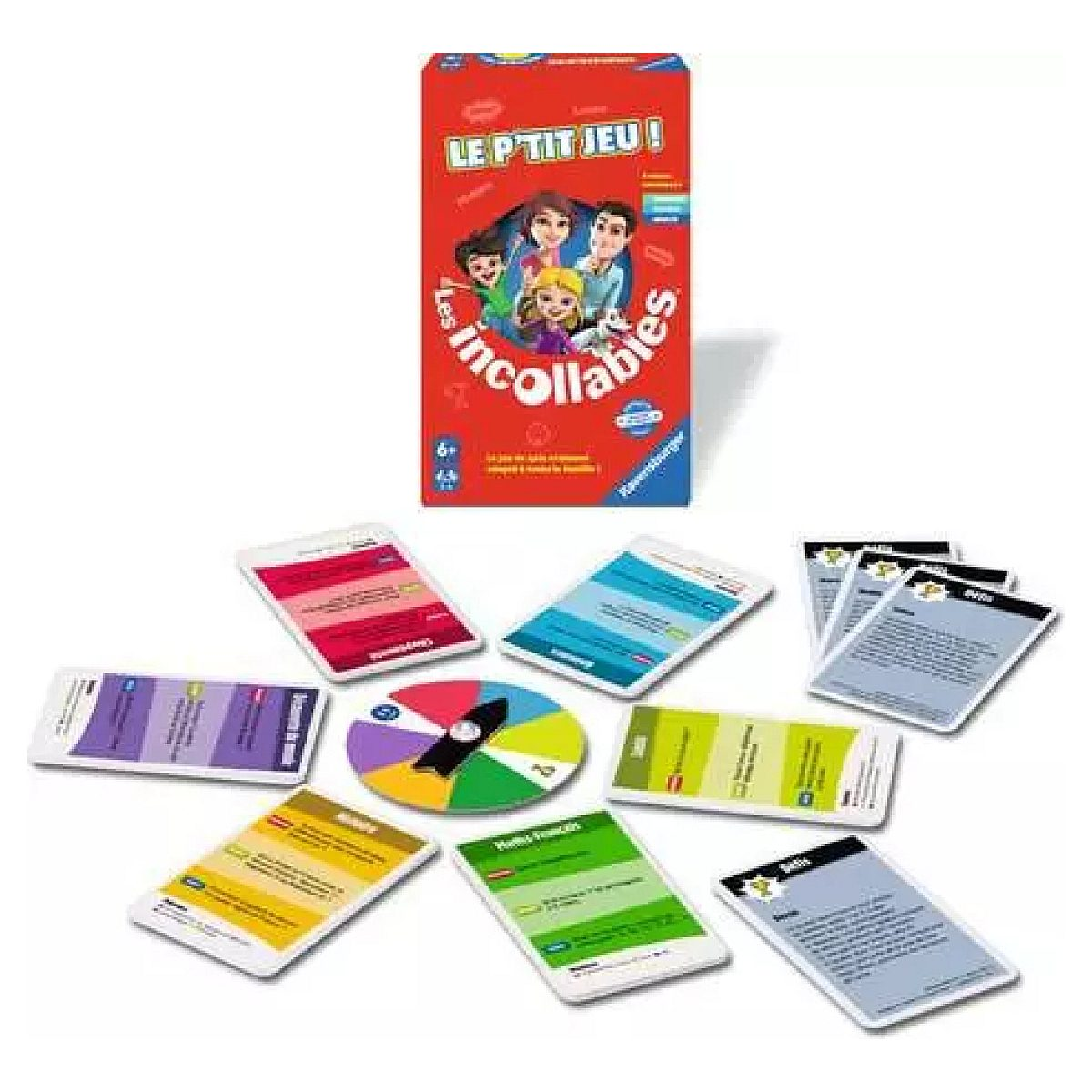 Spiel "Les Incollables" mit roten Box, buntem Spinner und mehreren farbigen Fragekarten auf weißem Grund.