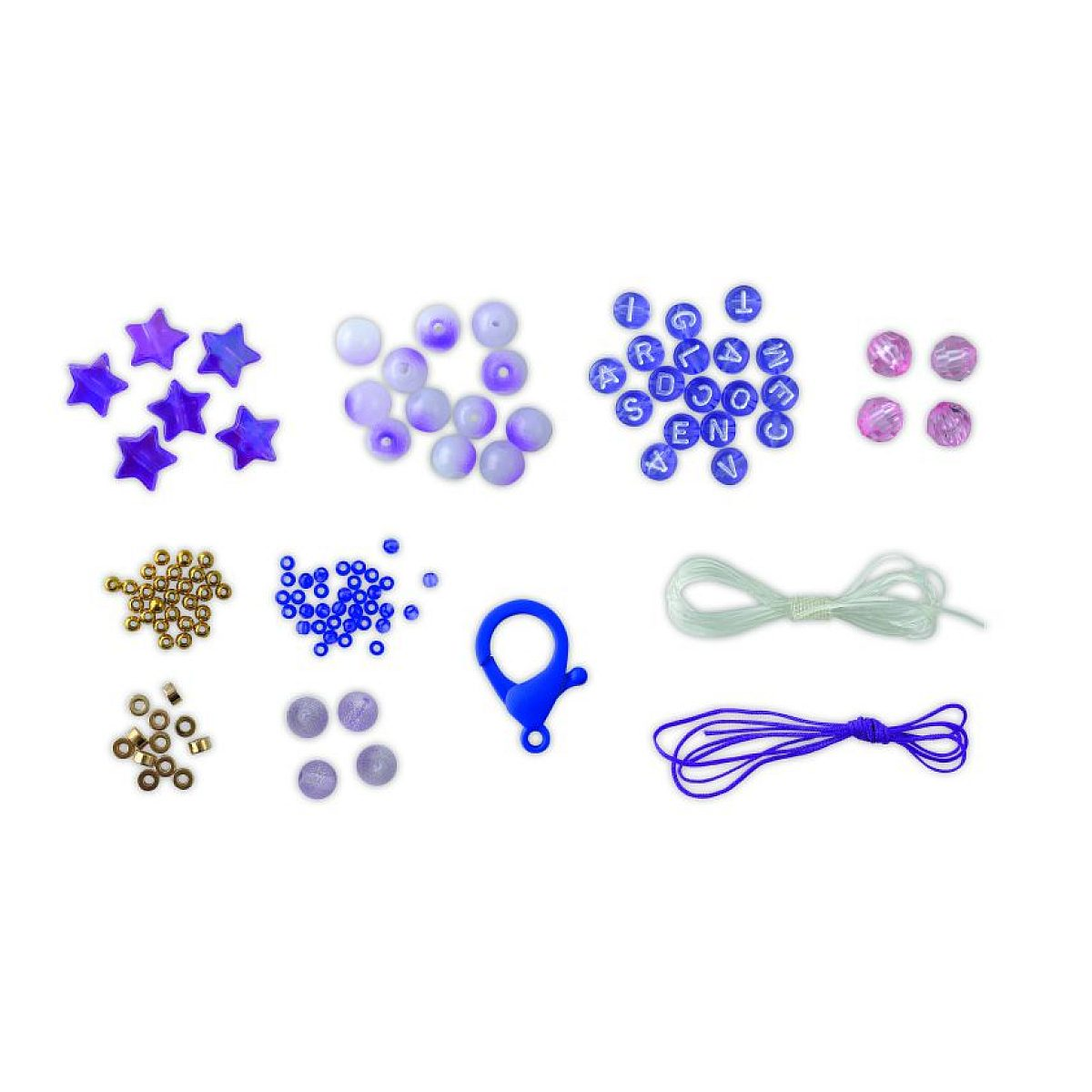 Bastelset mit lila und blauen Perlen, Sternen, Buchstaben, goldenen Ringen, Karabinerhaken und Schnüren auf weißem Grund.
