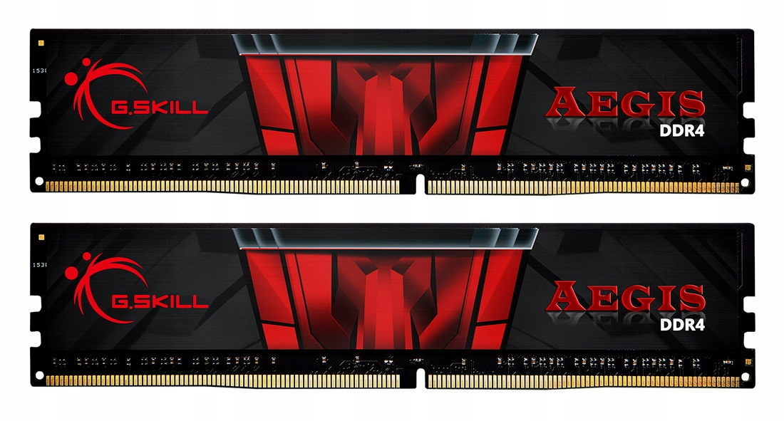Dwa czarno-czerwone moduły pamięci RAM G.Skill Aegis DDR4 ze złotymi stykami.