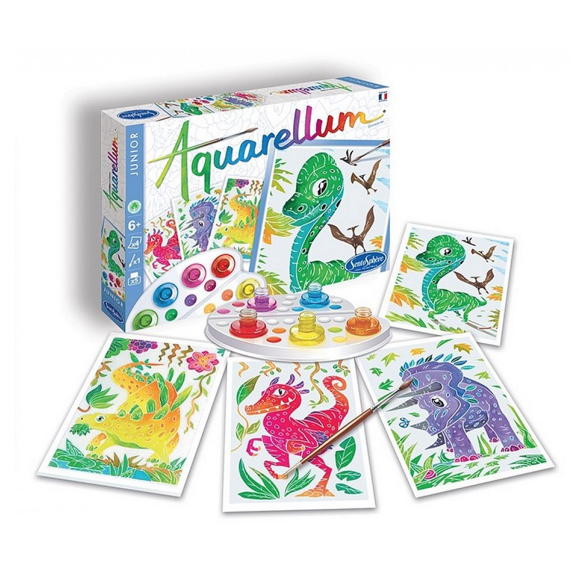 Aquarellum Junior Dinosaurier Malset mit Farbe, Pinsel und vorgezeichneten Bildern.