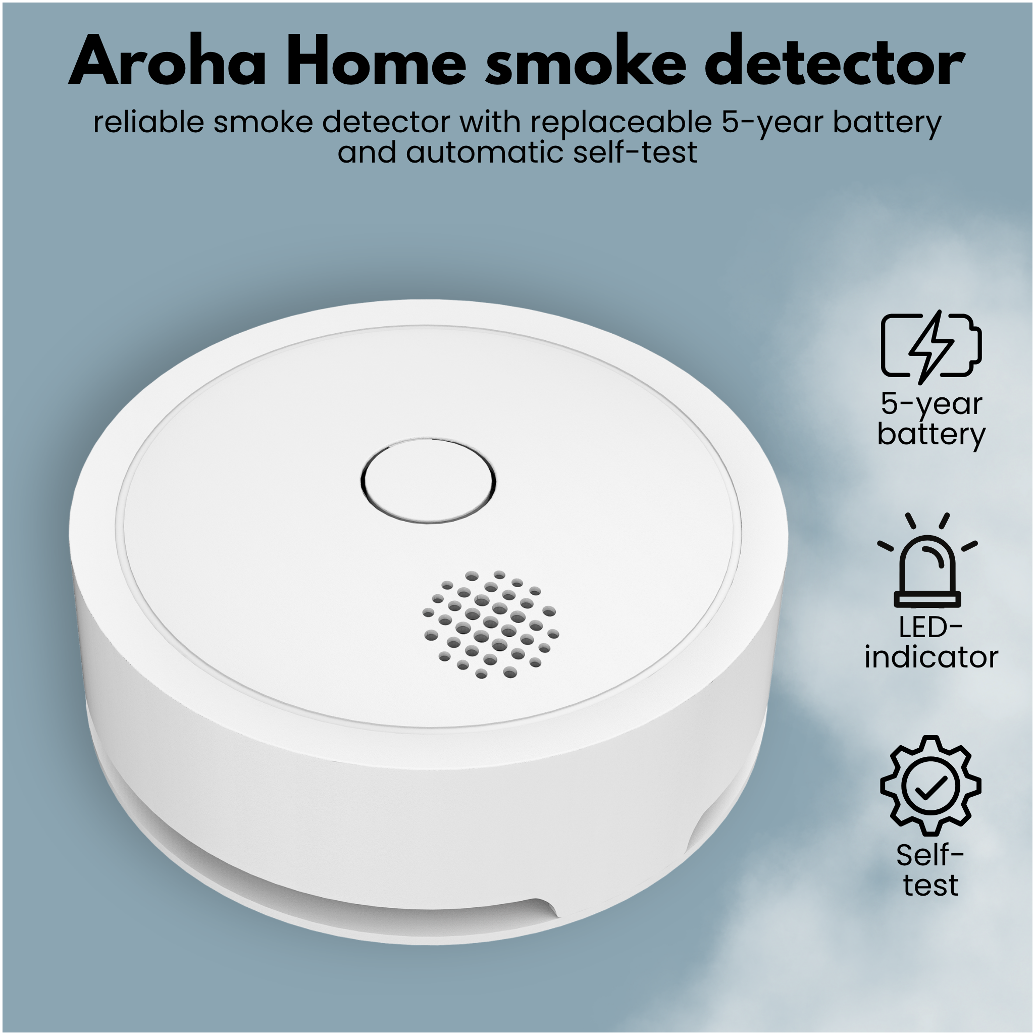 Rivelatore di fumo bianco Aroha Home con pulsante di test e icone per batteria da 5 anni, LED e autotest.