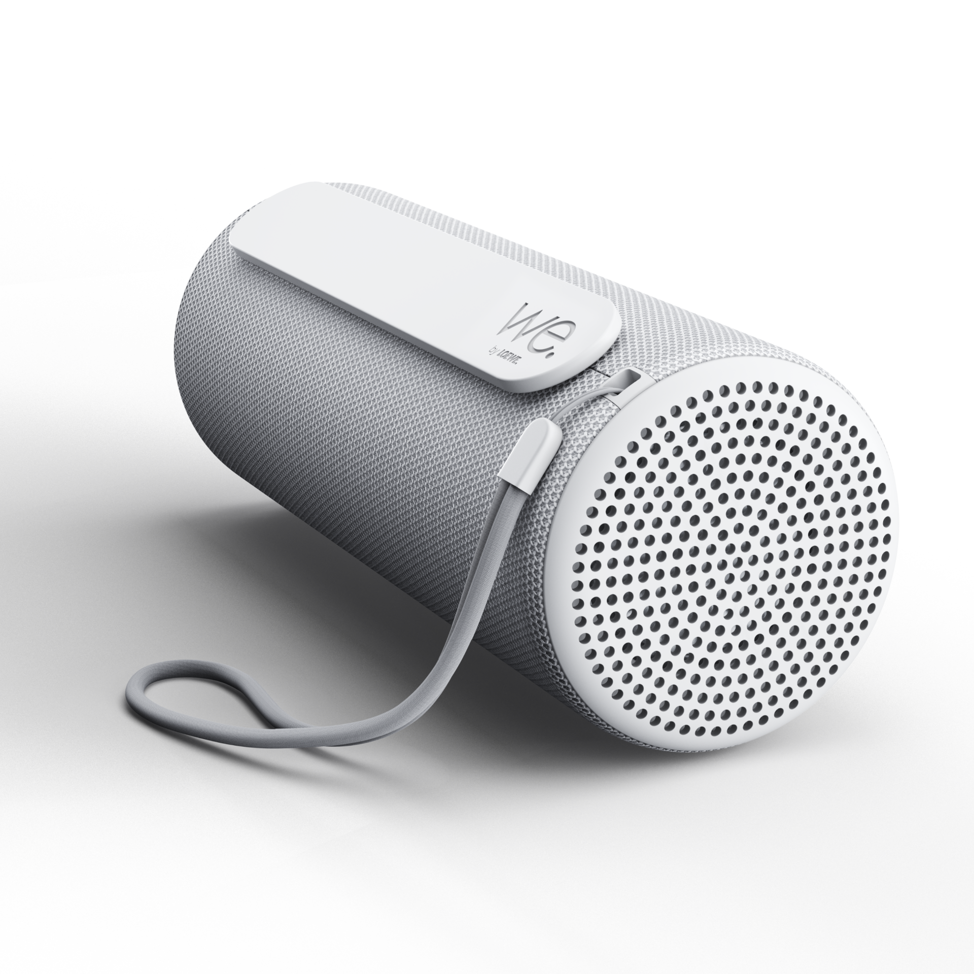 Ein zylindrischer, weißer Bluetooth-Lautsprecher mit feinem Mesh-Gewebe und einer integrierten Trageschlaufe.